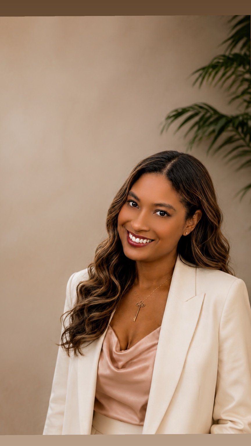 Nicci Reynolds, founder of Abundance Portals, in a cream blazer and blush satin top