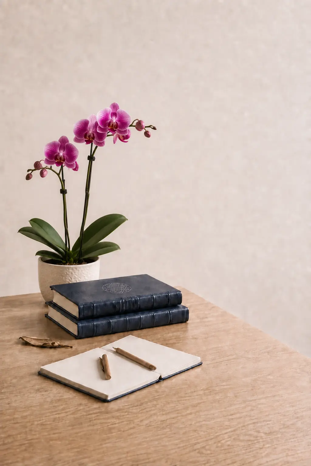 A fuchsia orchid in an ivory pot beside navy journals branded with a fine white Abundance Portals Sri Yantra and an open journal
