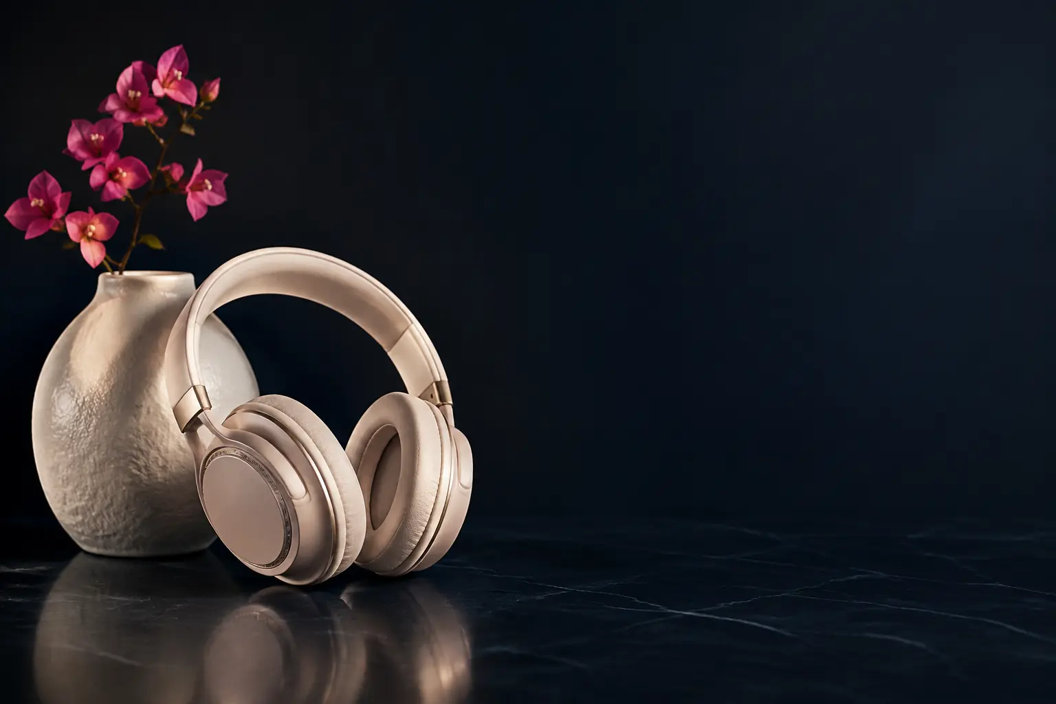 Ivory headphones beside fuchsia flowers in a navy editorial listening space
