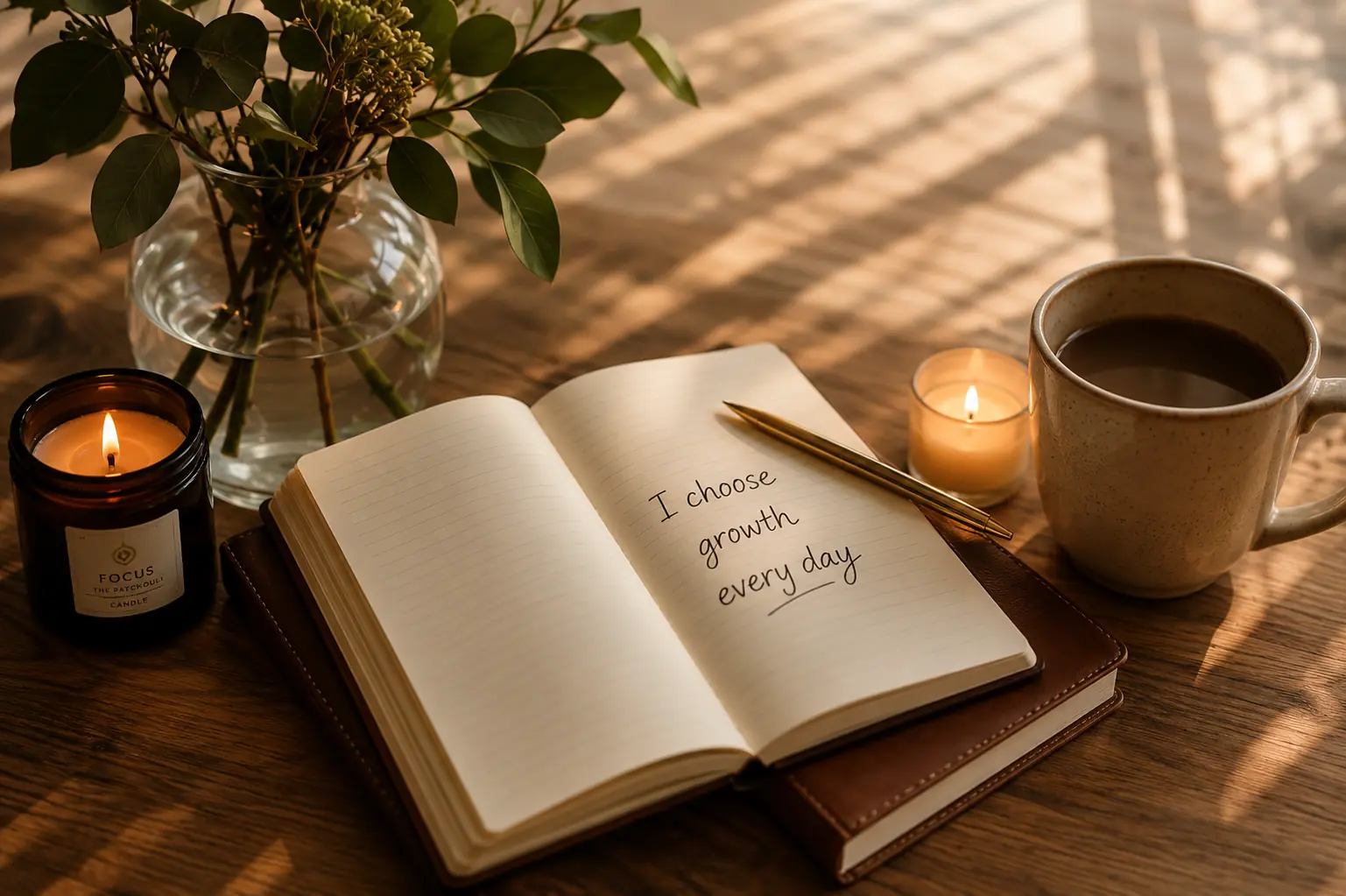 A journal, candle, and tea arranged for reflective transformational work