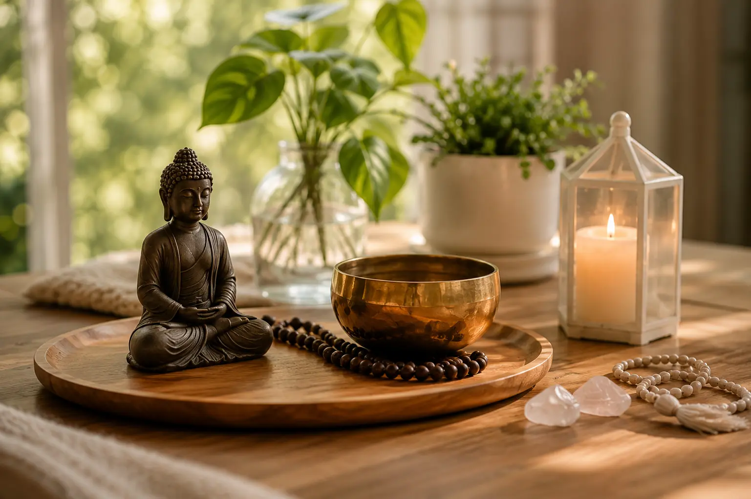Meditation bowl, candle, crystals, and prayer beads representing Reiki, energy work, and guided meditation