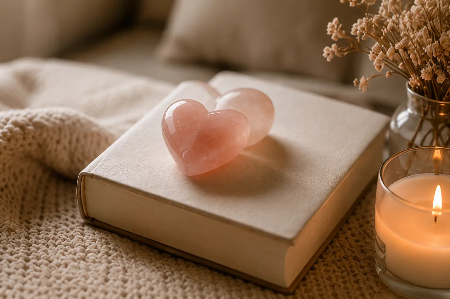 Rose-quartz hearts representing emotional healing, self-love, and relationships