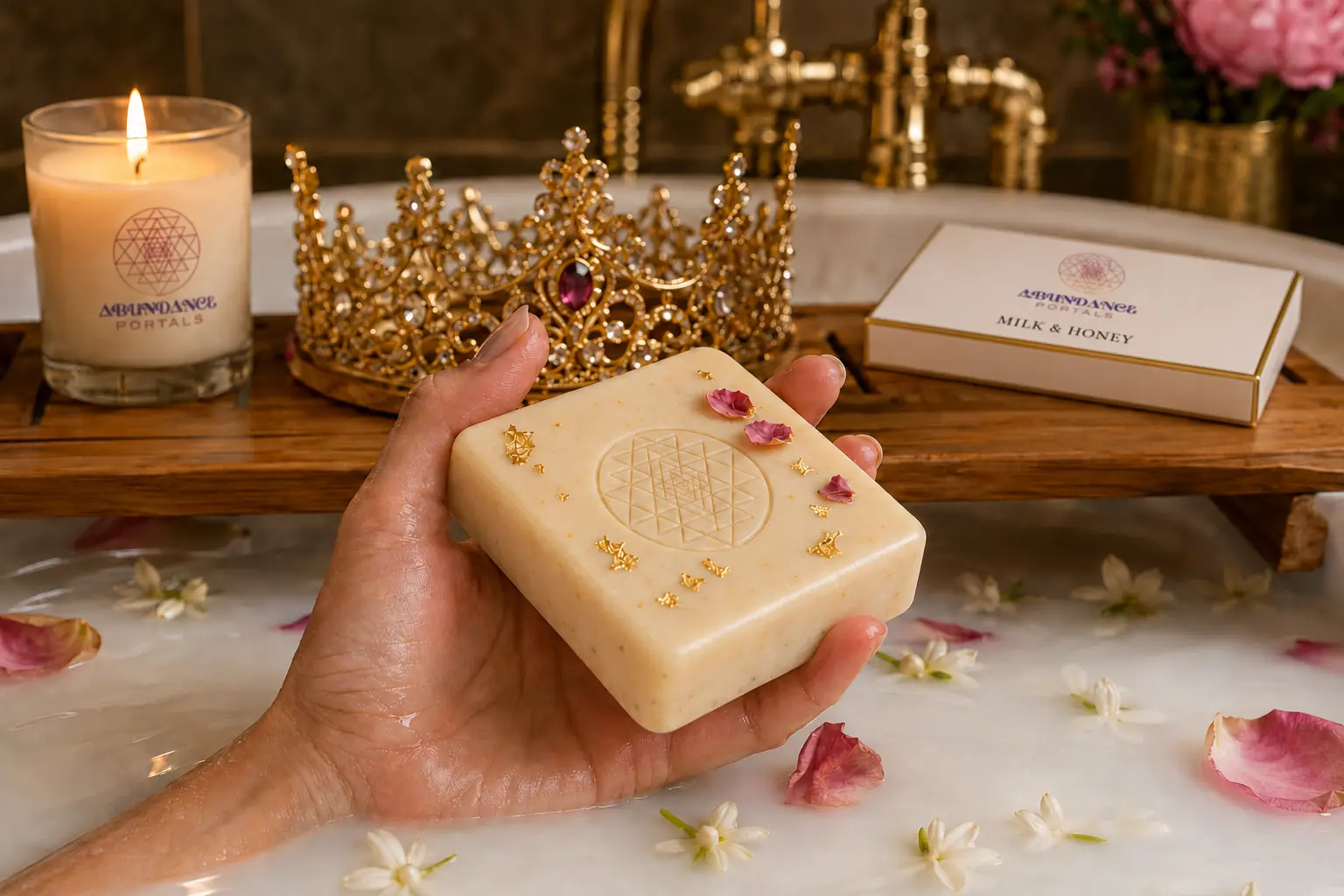 A woman's hand holding the refined Abundance Portals Milk and Honey Soap with an embossed Sri Yantra and gold leaf above a creamy botanical milk bath, with its fitted white box nearby