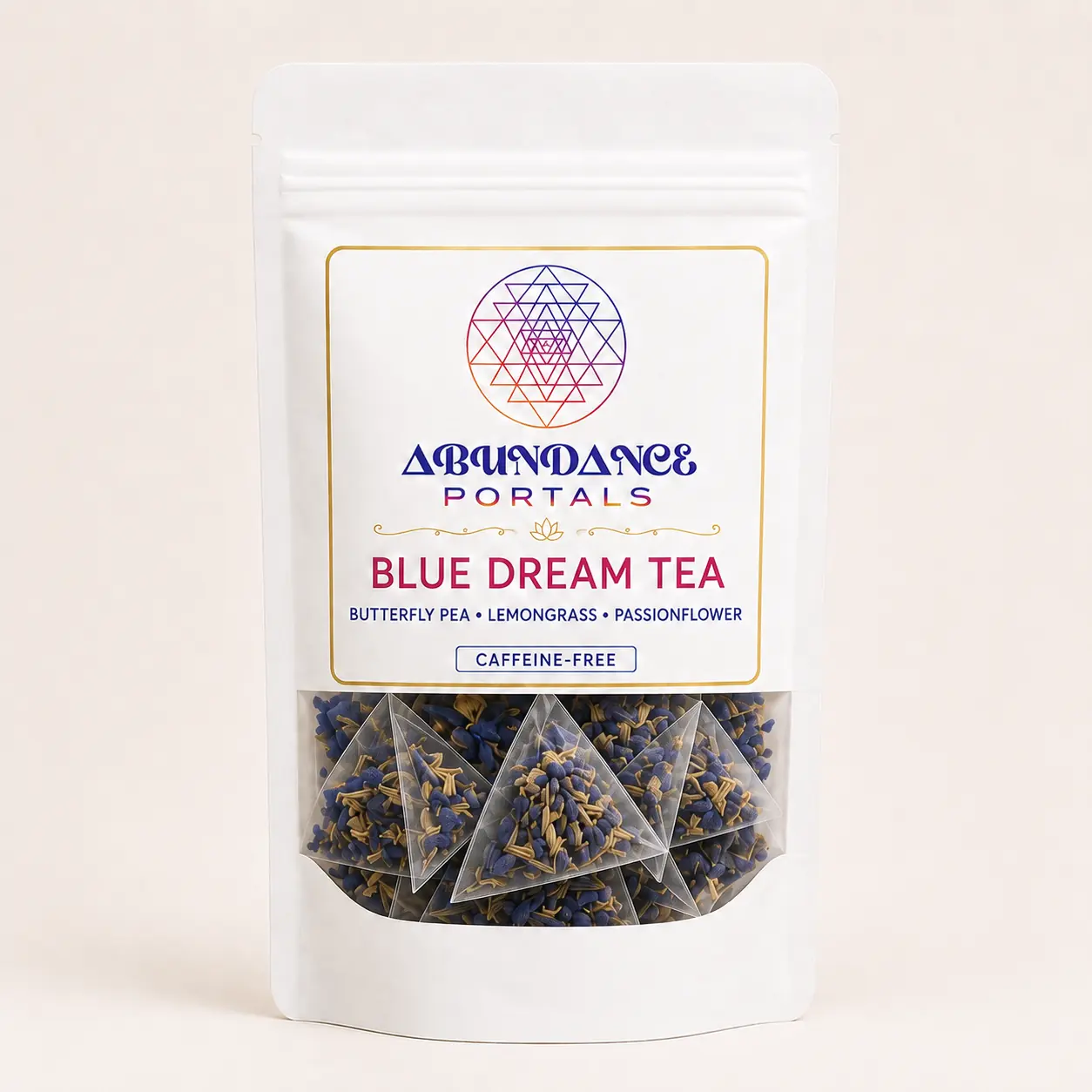 Blue Dream Tea pouch with visible botanical ingredients and pyramid tea sachets