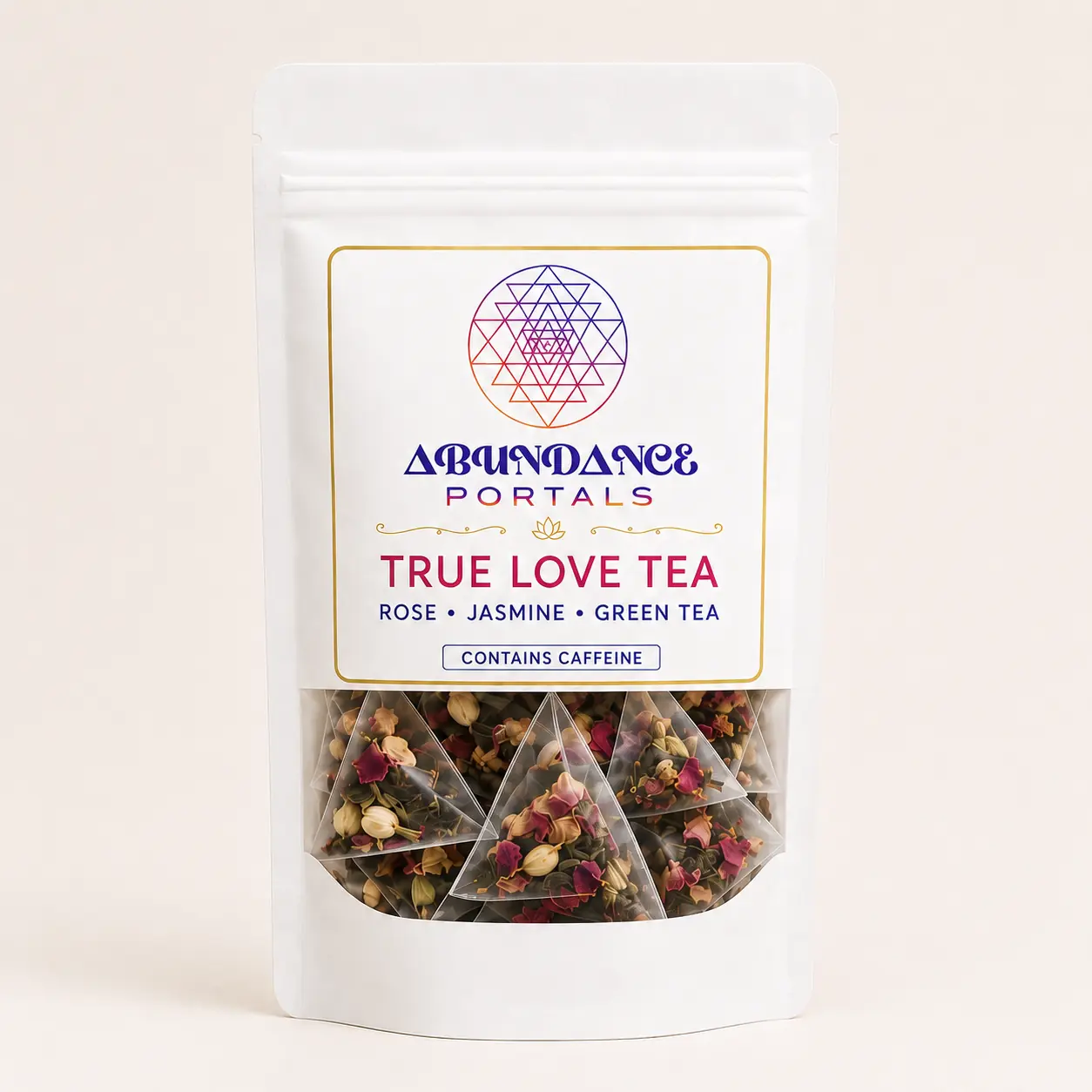 True Love Tea pouch with visible botanical ingredients and pyramid tea sachets